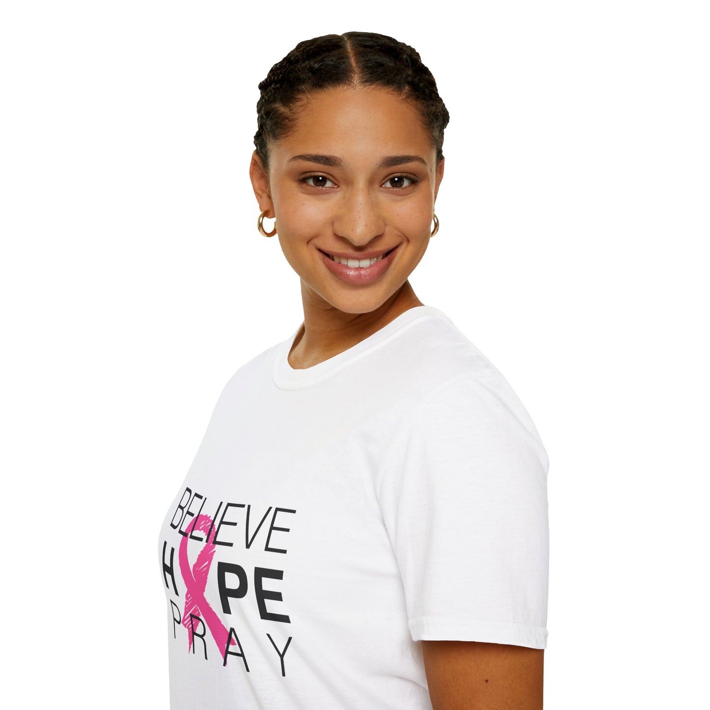 Breast Cancer Awareness: "BELIEVE. HOPE & PRAY" Unisex Softstyle T-Shirt