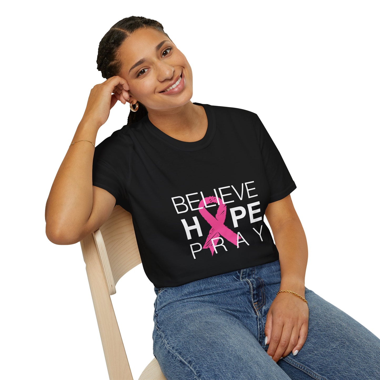 Breast Cancer Awareness: "BELIEVE. HOPE & PRAY" Unisex Softstyle T-Shirt
