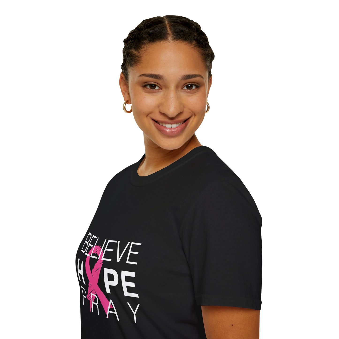 Breast Cancer Awareness: "BELIEVE. HOPE & PRAY" Unisex Softstyle T-Shirt