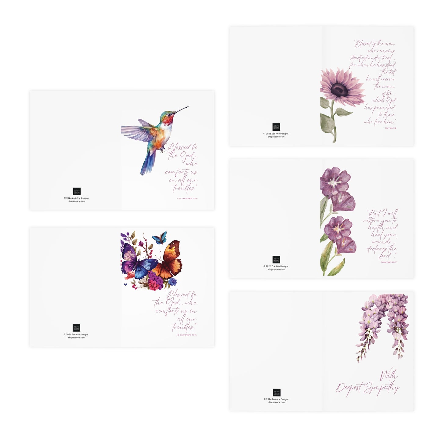 Watercolor Greeting Cards Set (5-Pack) — Encouragement, Sympathy, Thoughts and Prayers for Healing