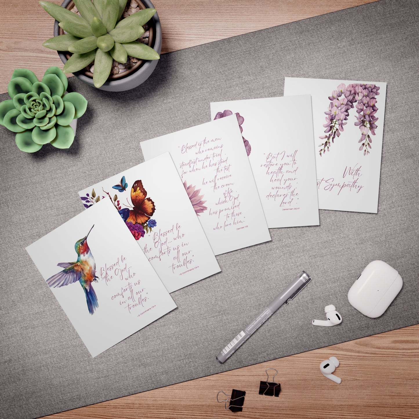 Watercolor Greeting Cards Set (5-Pack) — Encouragement, Sympathy, Thoughts and Prayers for Healing