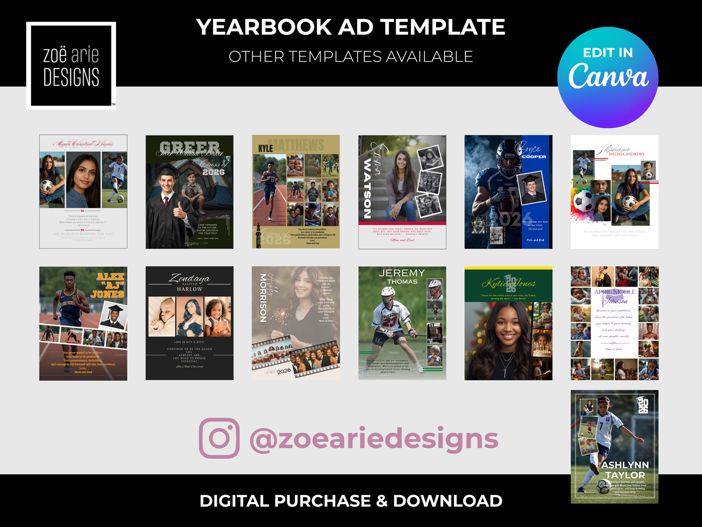 Editable Yearbook Ad Template | Senior Tribute Bundle - Half and Quarter Page - Theme: In The Game